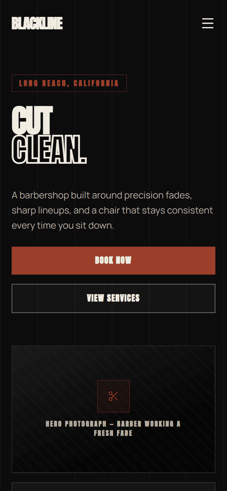 Mobile screenshot of the Blackline Barbers demo website