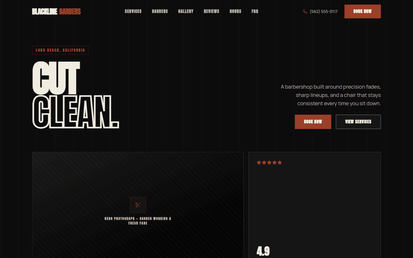 Desktop screenshot of the Blackline Barbers demo website